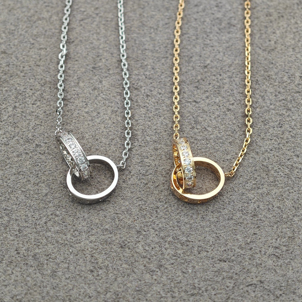 [Love Lucky]LOVE DOUBLE RING HALF DIAMOND NECKLACE