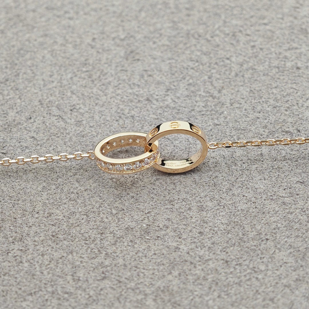 [Love Lucky]LOVE DOUBLE RING HALF DIAMOND NECKLACE
