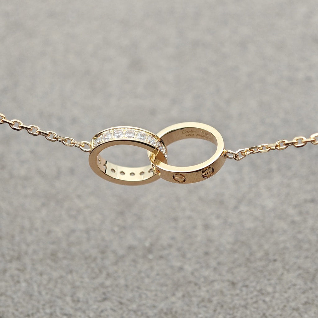 [Love Lucky]LOVE DOUBLE RING HALF DIAMOND NECKLACE