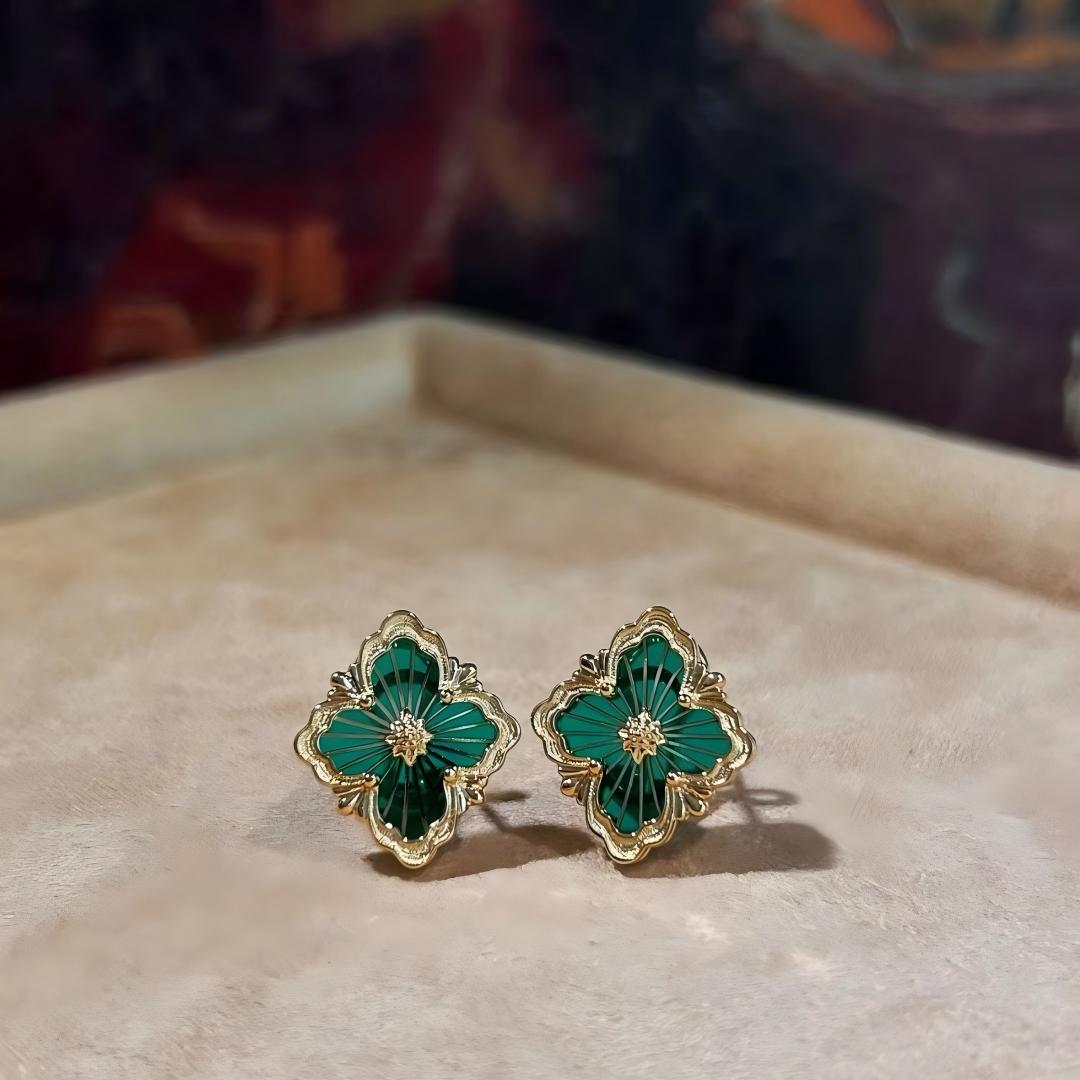 [Love Lucky]OPERA TULLE GOLD BUTTON EARRINGS ENAMELED ELEMENT