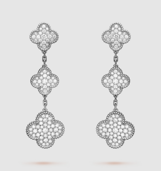 [Love Lucky]CLOVER 3 MOTIF DIAMOND SILVER DROP EARRINGS