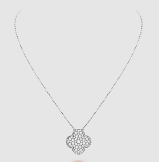 [Love Lucky]CLOVER 25MM LARGE PENDANT DIAMOND PAVED SILVER NECKLACE