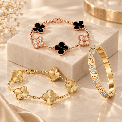 [LoveLucky]Clover Laser  Pulsar Stone 5-Motif & LOVE Diamond-Paved Bracelet Stack Set