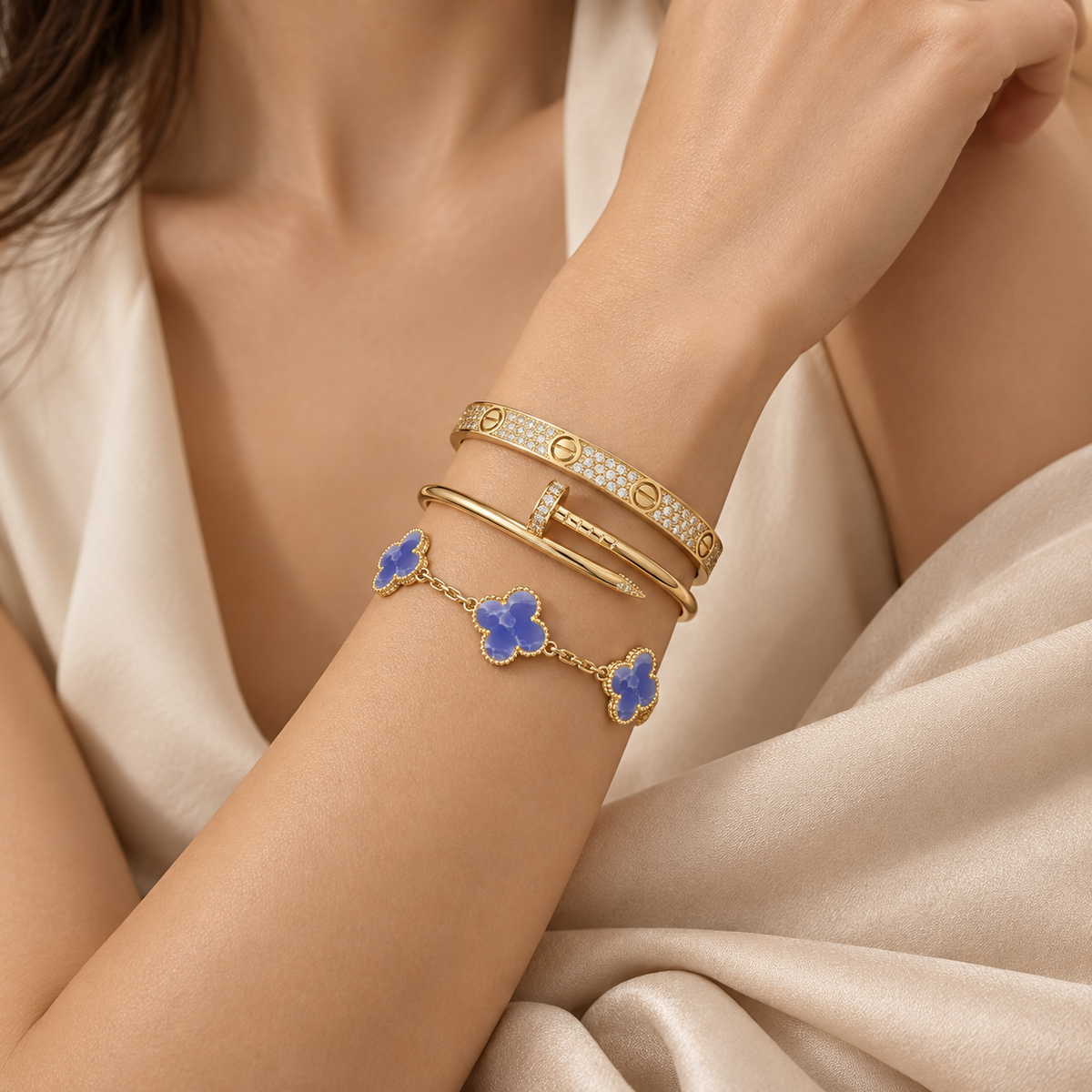 [LoveLucky] LOVE & JUSTE & Blue Veins Clover 5-Motif Diamond Bracelet Stack Set