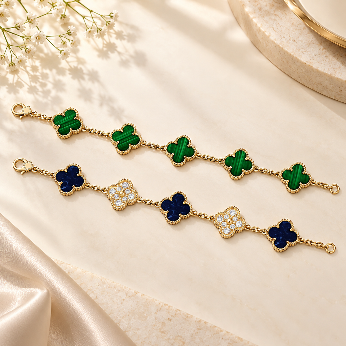 [LoveLucky]Clover 5-Motif Malachite & Pietersite Bracelet Stack Set