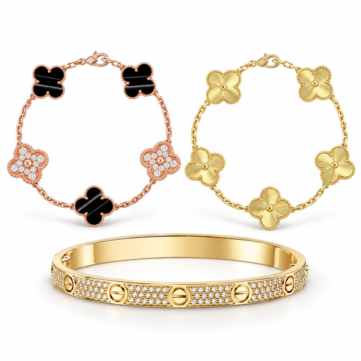 [LoveLucky]Clover Laser  Pulsar Stone 5-Motif & LOVE Diamond-Paved Bracelet Stack Set