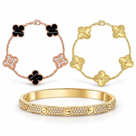 [LoveLucky]Clover Laser  Pulsar Stone 5-Motif & LOVE Diamond-Paved Bracelet Stack Set