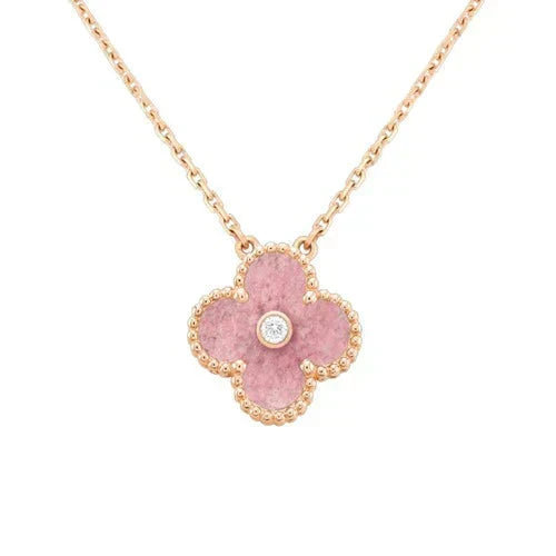 [Love Lucky]COLLAR DE RODONITA Y DIAMANTE CLOVER 15MM