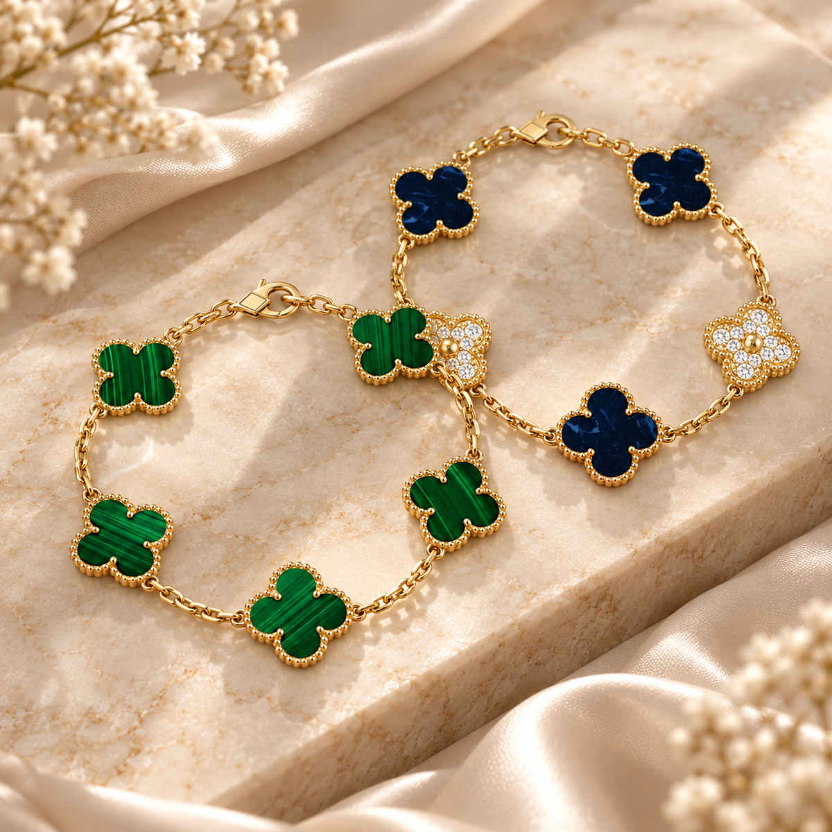[LoveLucky]Clover 5-Motif Malachite & Pietersite Bracelet Stack Set