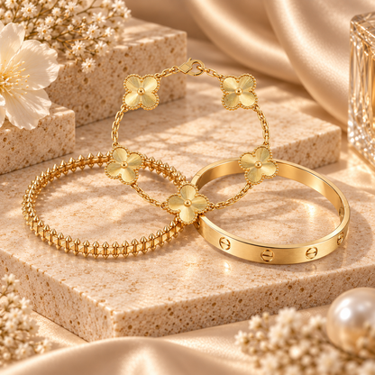 [LoveLucky] CLASH & Clover Laser 5-Motif & LOVE Brushed Bracelet Stack Set