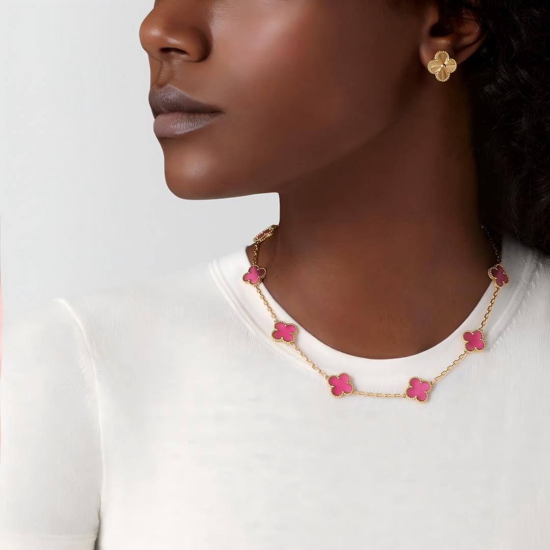 [Love Lucky]NEW CLOVER 10 MOTIFS PINK ENAMEL NECKLACE