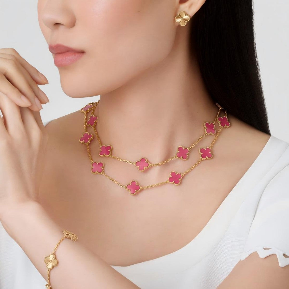[Love Lucky] NEW CLOVER 20 MOTIFS PINK ENAMEL NECKLACE