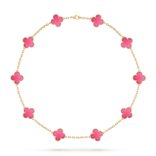 [Love Lucky]NEW CLOVER 10 MOTIFS PINK ENAMEL NECKLACE