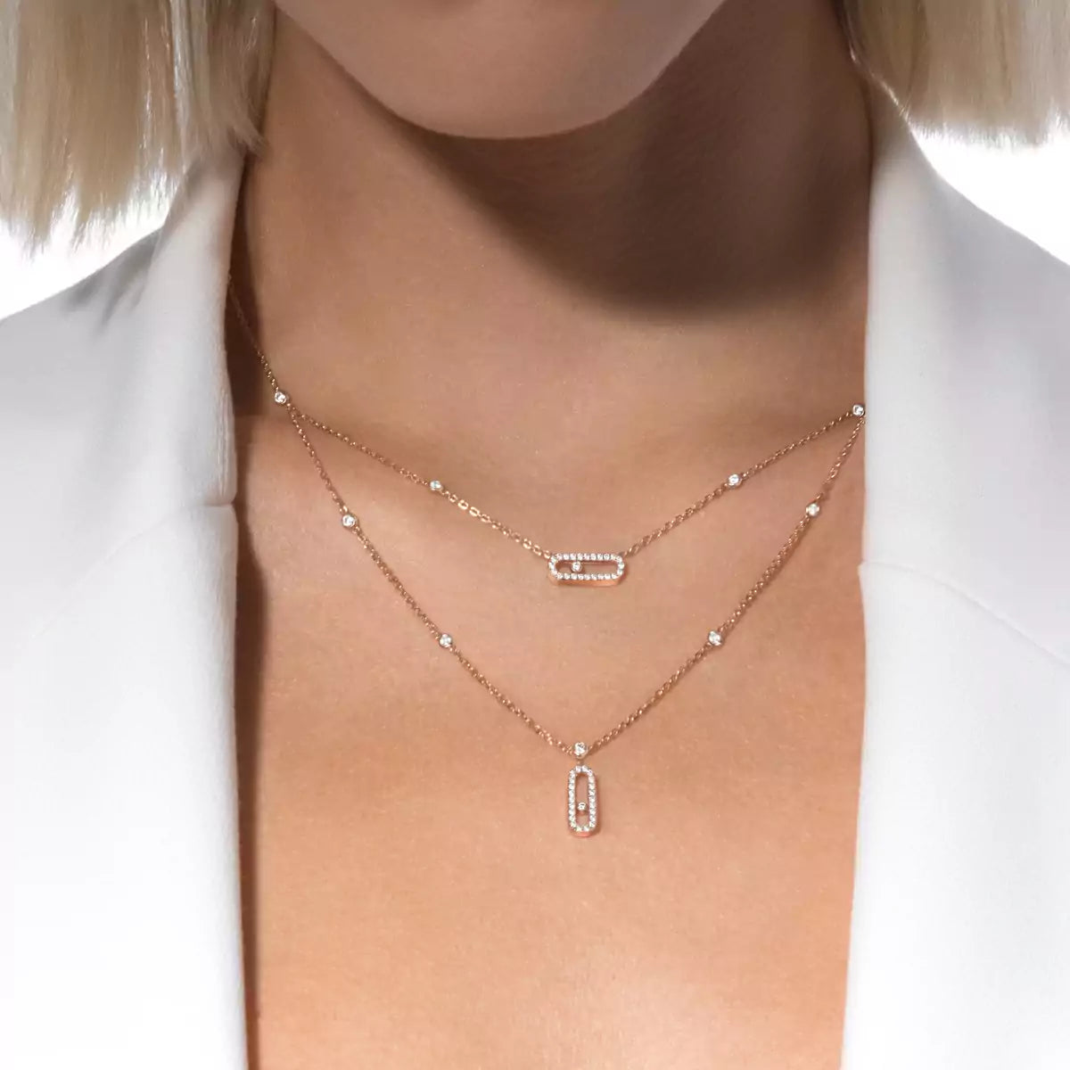 [Love Lucky]2 filas collar Move Uno con pavé de diamantes en oro rosa