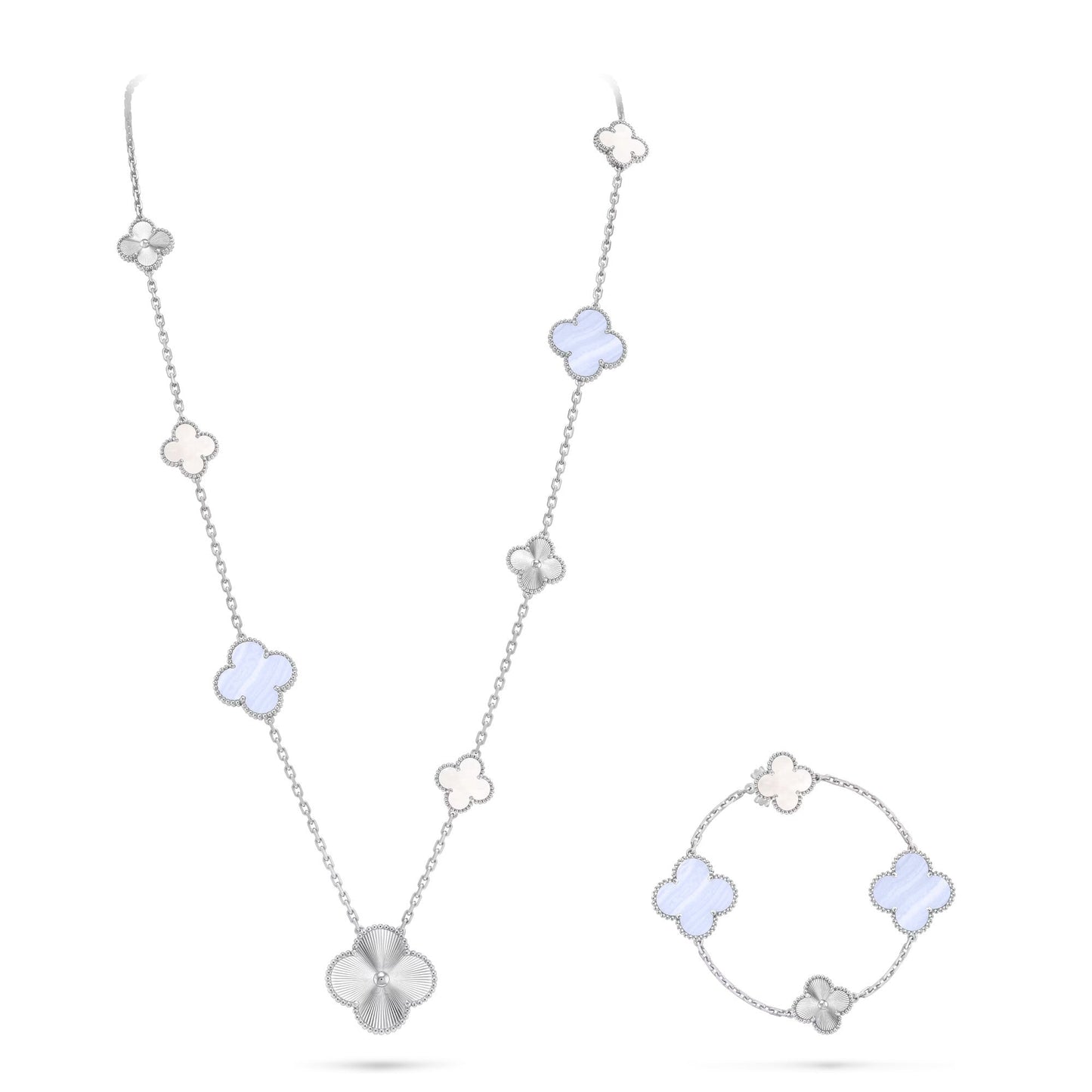 [DEMO]DETACHABLE CLOVER 15(11+4) FLOWER SILVER NECKLACE SET