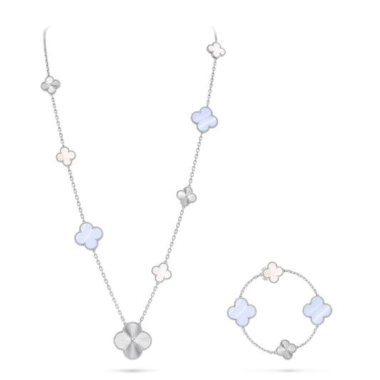 [DEMO]DETACHABLE CLOVER 15(11+4) FLOWER SILVER NECKLACE SET