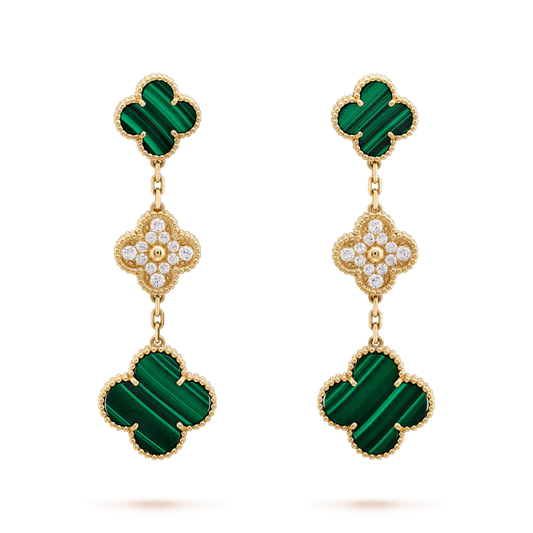 [Love Lucky]CLOVER EARRINGS GOLD MALACHITE DIAMOND 3 MOTIF