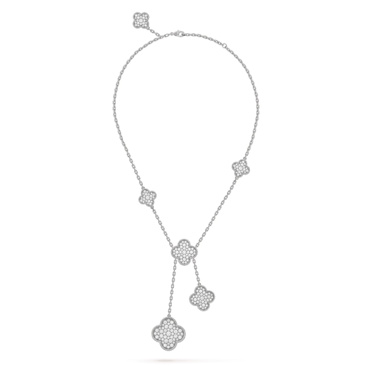 [Love Lucky]COLLAR DE 5 MOTIVOS DE TRÉBOL EN PLATA CON DIAMANTES