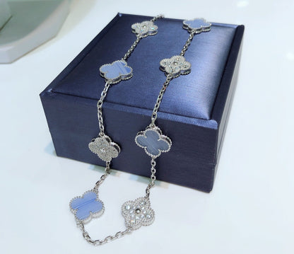 [Love Lucky] COLLIER 10 MOTIFS TRÈFLE EN CALCÉDOINE, DIAMANTS ET ARGENT