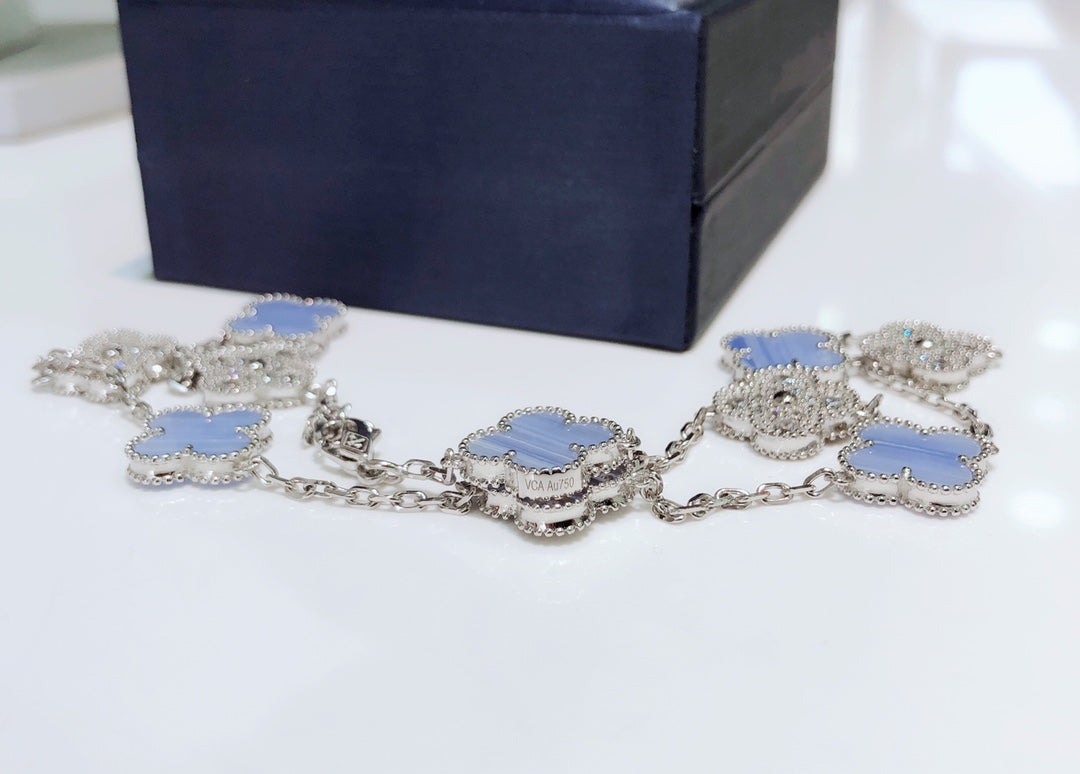 [Love Lucky]CLOVER 10 MOTIFS CHALCEDONY DIAMONDS SILVER NECKLACE