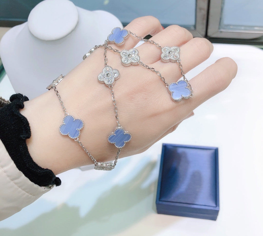 [Love Lucky]CLOVER 10 MOTIFS CHALCEDONY DIAMONDS SILVER NECKLACE