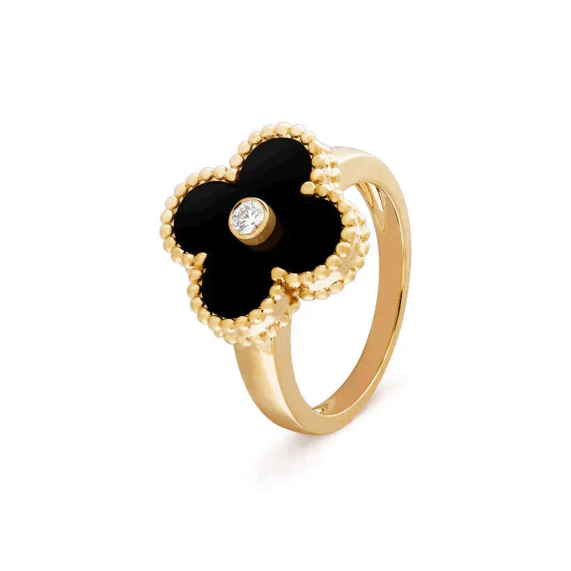 [Love Lucky]ANILLO DE TRÉBOL ONIX CON DIAMANTE EN ORO